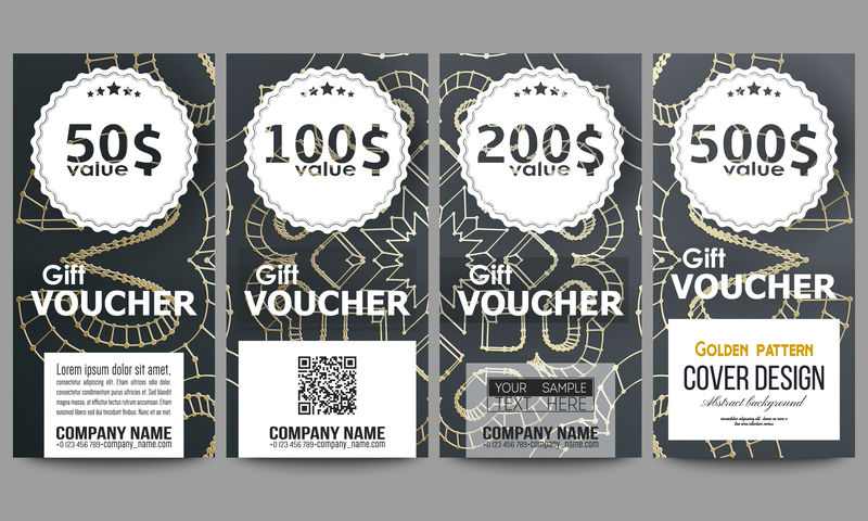 一套现代礼品券模板。多边形背景与黄金连接点和线，连接结构。数字科学背景