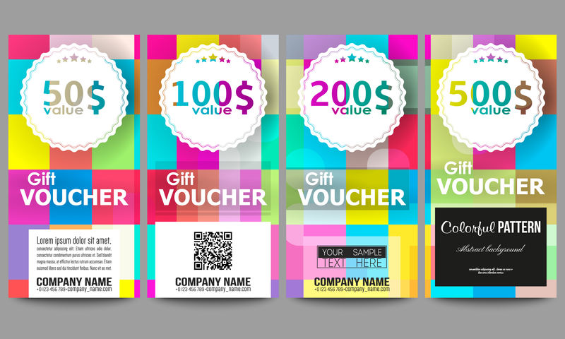 礼品券模板集。抽象多彩的商务背景，现代时尚的矢量纹理