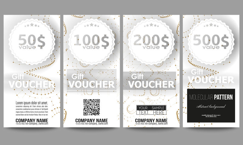 一套现代礼品券模板。抽象的多边形低多边形背景，连接点和线，白色背景上的金色连接结构。数字或科学矢量