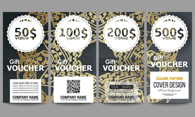 一套现代礼品券模板。黑色背景上的金色微芯片图案，具有连接点和线、连接结构。数字科学载体