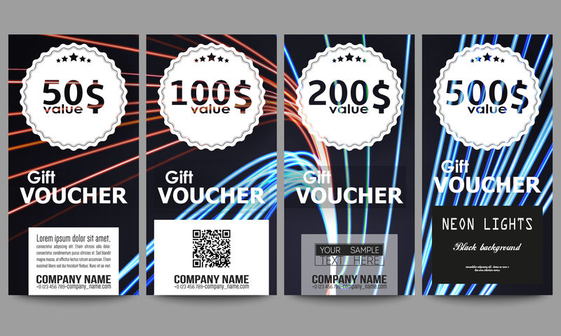 一套现代礼品券模板。抽象线背景，运动设计矢量图