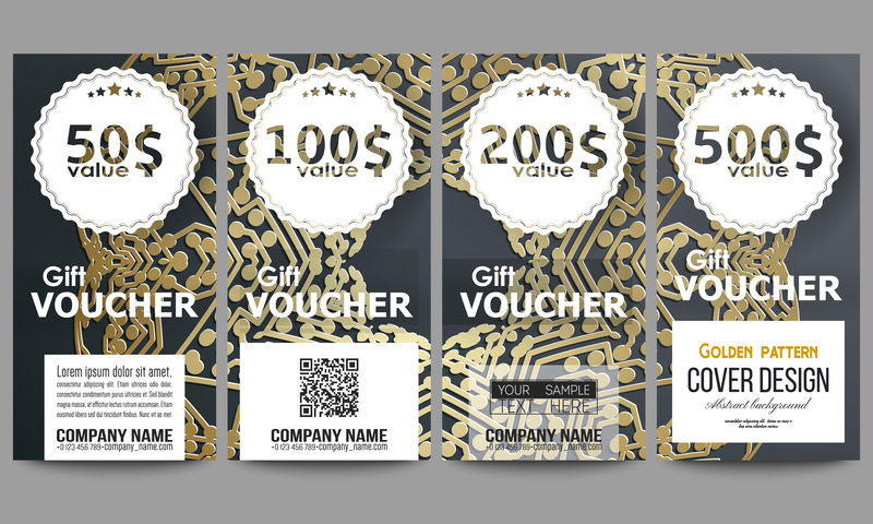 一套现代礼品券模板。黑色背景上的金色微芯片图案，具有连接点和线、连接结构。数字科学载体