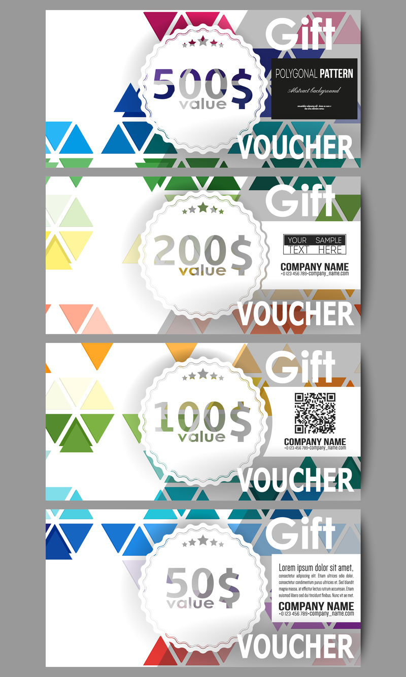 礼品券模板集。抽象多彩的商务背景,现代时尚的六边形和三角形矢量纹理