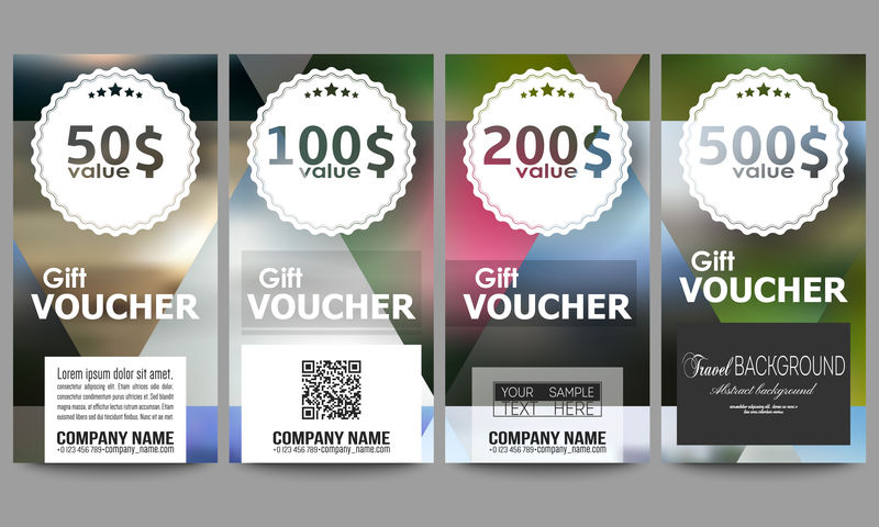 一套现代礼品券模板。抽象多色背景、模糊自然景观、几何矢量、三角形插图