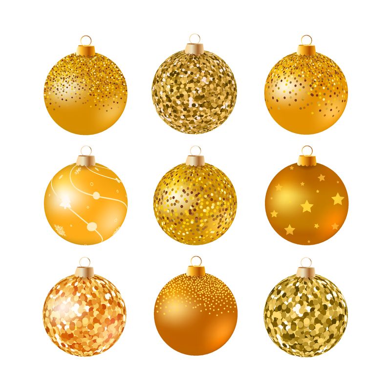 白色表面的逼真金色圣诞球-一套孤立的现实装饰-矢量图-闪闪发光的圣诞饰品