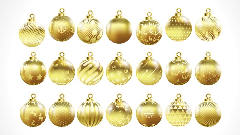一套带装饰品的矢量金圣诞球-黄金收藏孤立的现实装饰-白底矢量图