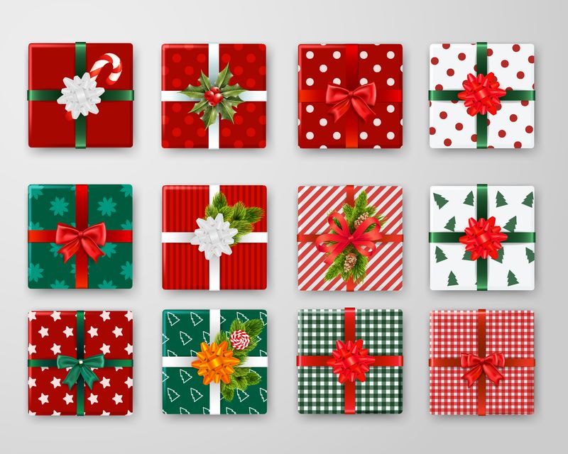 带有彩色丝带和蝴蝶结独立矢量插图的包装圣诞礼品盒的现实设置