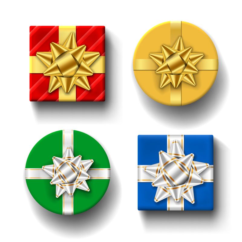 礼品盒顶视图集-独立白色背景-彩色礼品盒上的金银丝带蝴蝶结-当前设计圣诞节庆典、新年假期、生日装饰矢量图