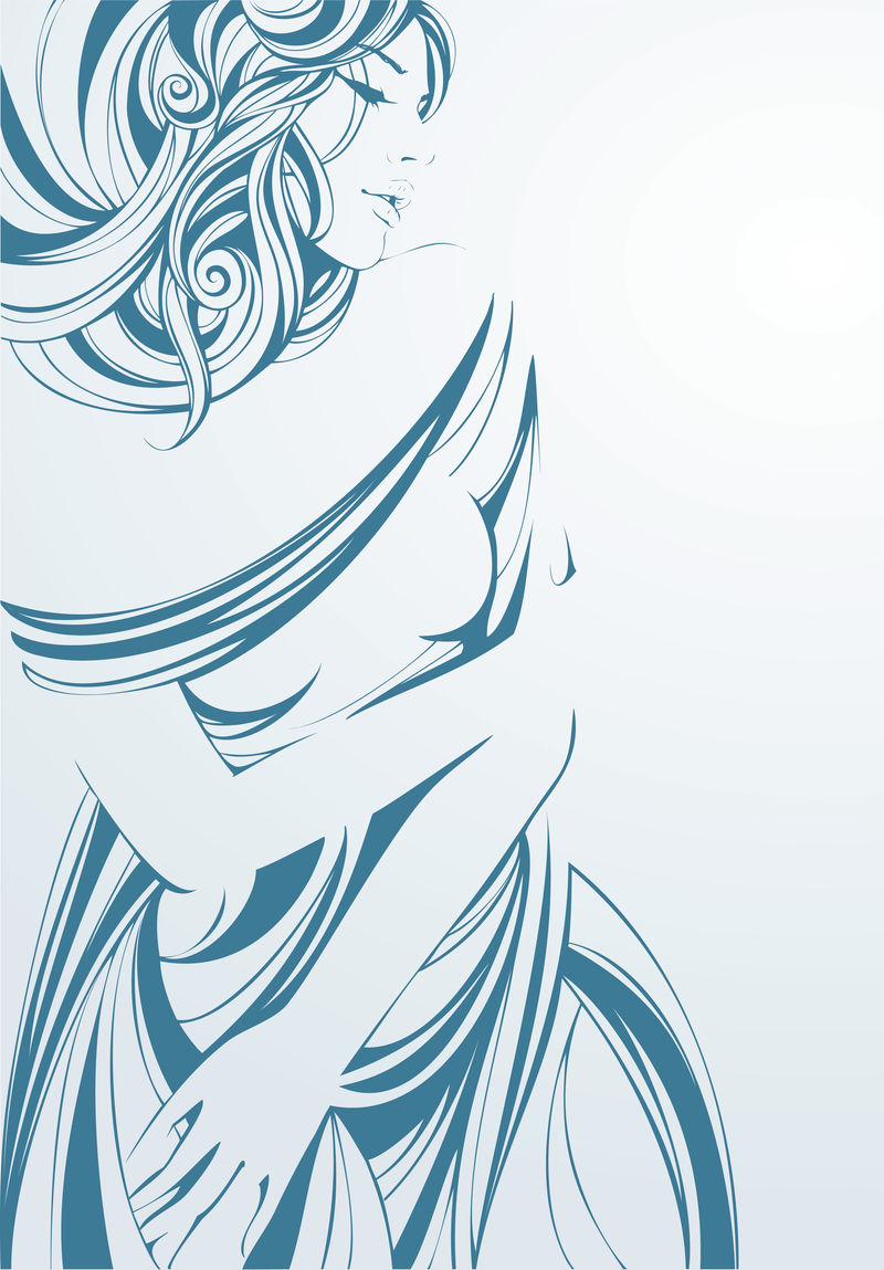 一个长发蓝底的女孩-穿着带饰物的裙子