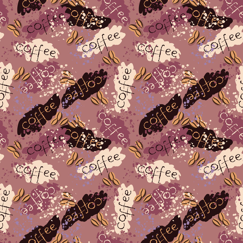 无缝背景，咖啡豆喷溅和刻字。