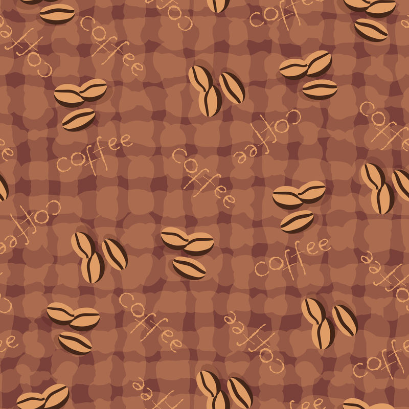 米色无缝背景,咖啡豆和文字散落。浅米色无缝咖啡图案。