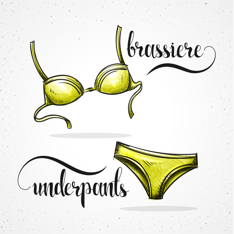 时尚的彩色时尚内裤，手工胸罩，素描风格，水彩