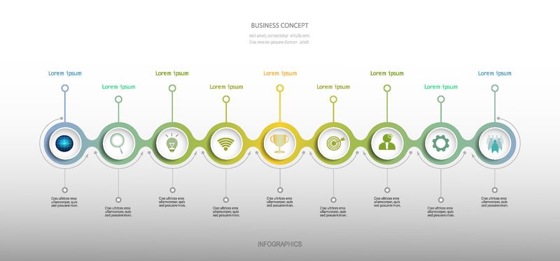 带有彩色圆形标签设计的信息图形矢量设计模板-带有图标的矢量插图业务概念-9步-用于工作流布局、图表、Web设计的信息图形元素