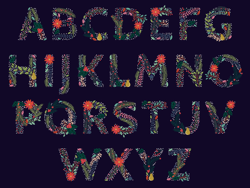 矢量集美丽的圣诞节或冬季假日花卉字母表