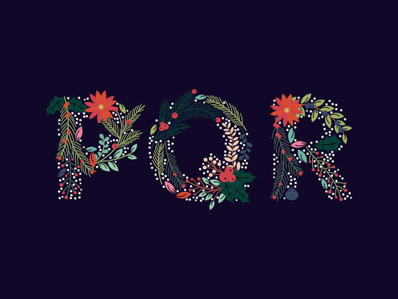 矢量集美丽的圣诞节或冬季假日花卉字母表