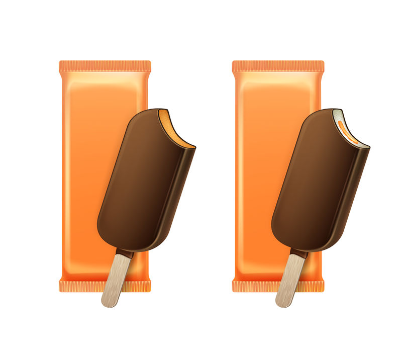 矢量焦糖咬冰棒巧克力冰棒棒棒糖冰淇淋在巧克力釉棒上用橙色塑料包装填充品牌包装设计特写孤立的背景。