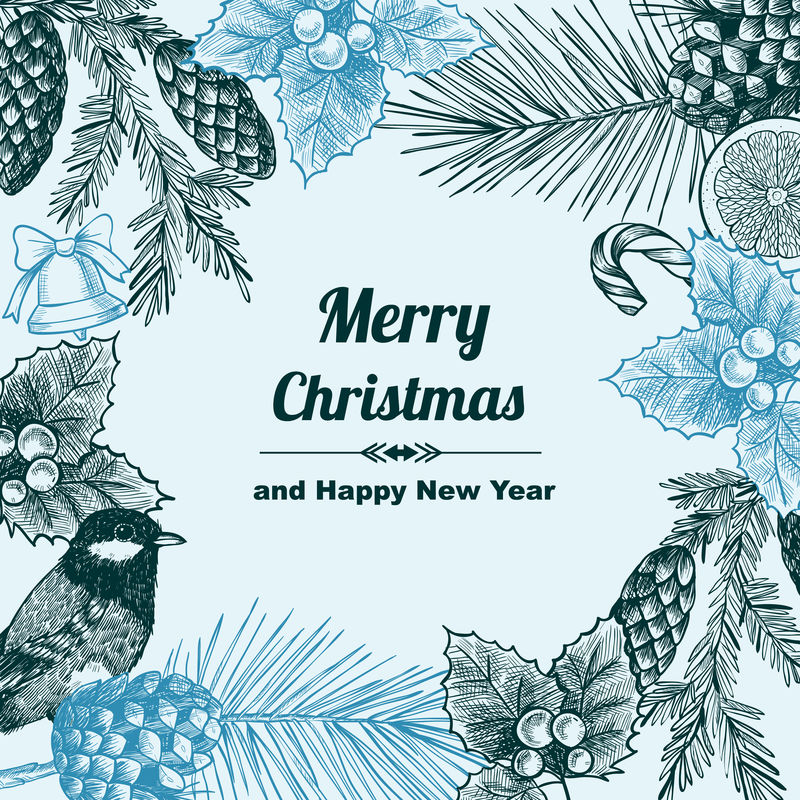 圣诞卡或请柬的复古设计-手绘-复古风格