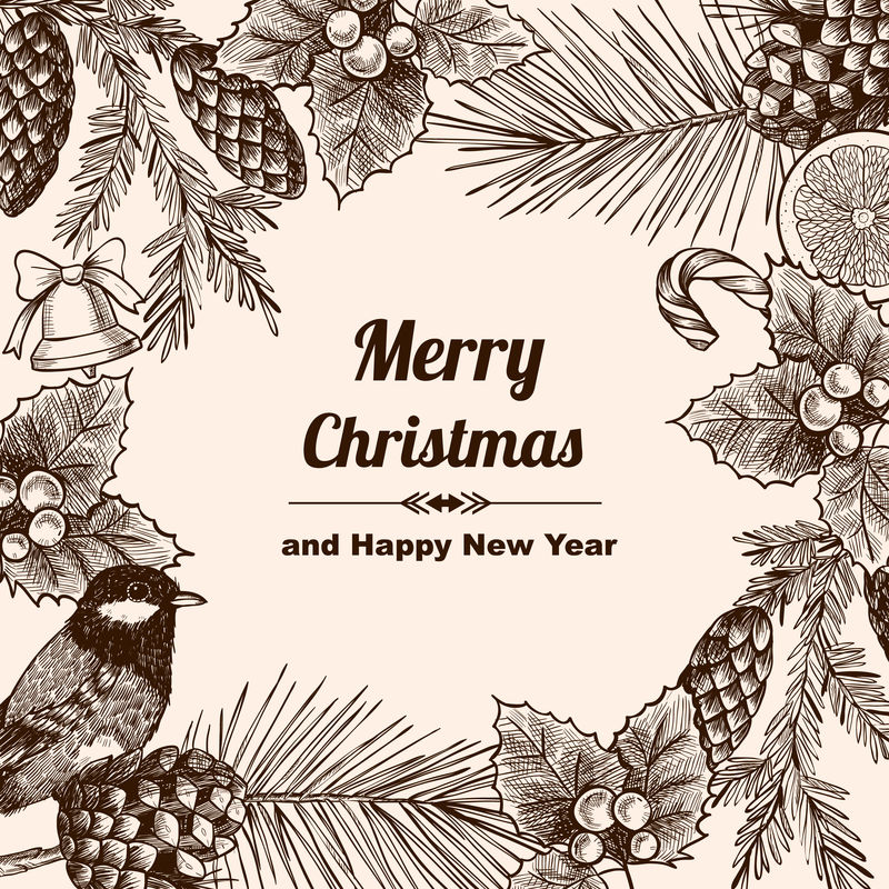 圣诞卡或请柬的复古设计-手绘-复古风格