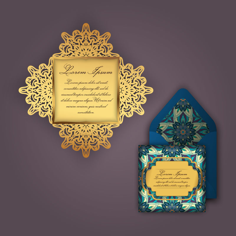 婚礼邀请或贺卡与老式花卉装饰。纸花边信封模板，激光切割模型。