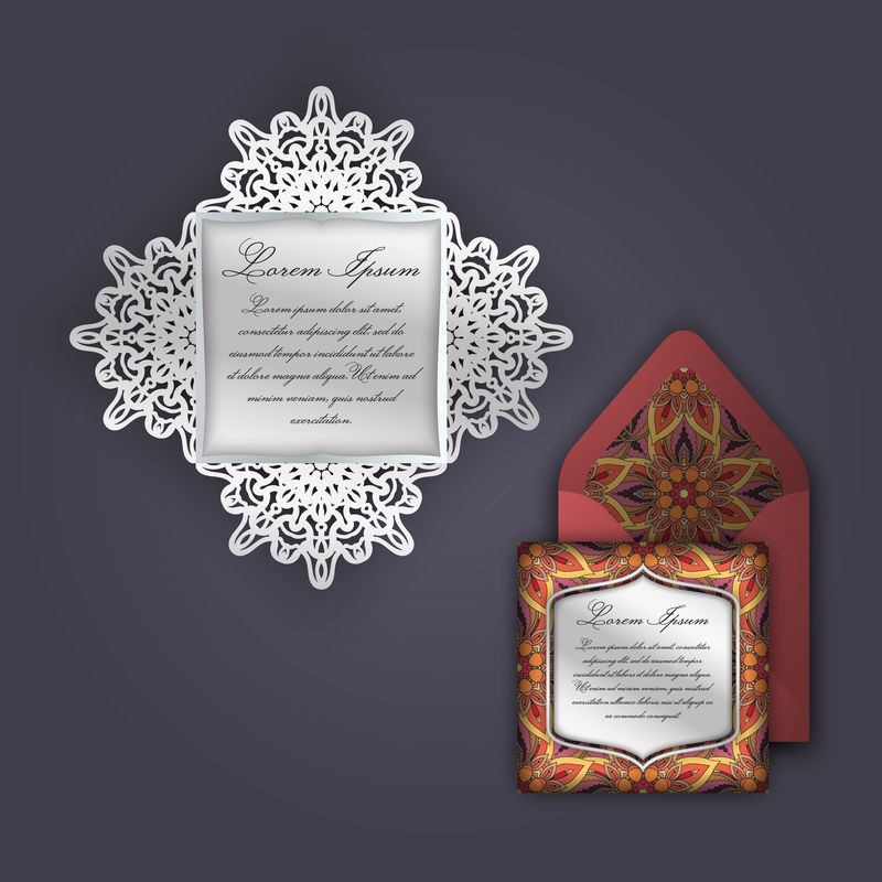 婚礼邀请或贺卡与老式花卉装饰。纸花边信封模板，激光切割模型。