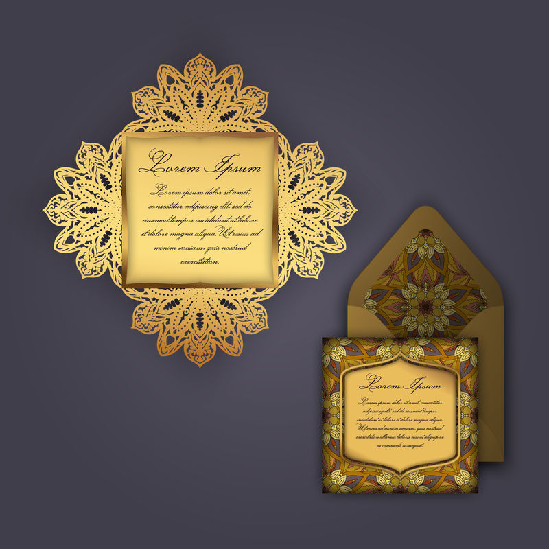 婚礼邀请或贺卡与老式花卉装饰。纸花边信封模板，激光切割模型。