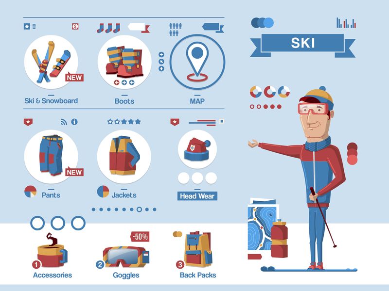 滑雪板和滑雪板信息图形元素