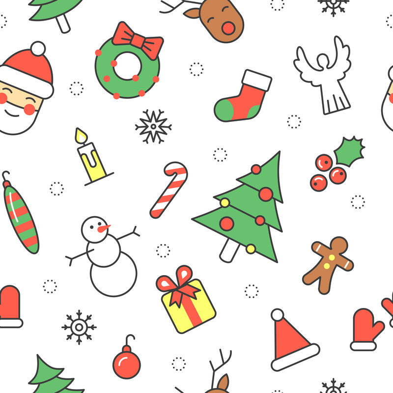 圣诞快乐，新年快乐，圣诞老人和圣诞树的无缝图案。寒假包装纸。矢量背景