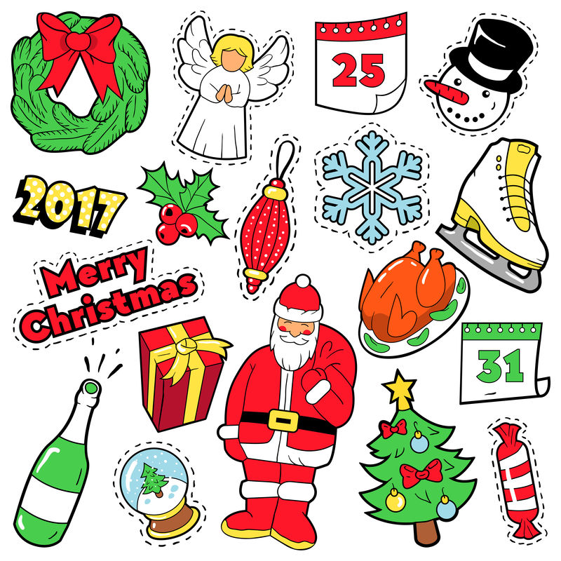 圣诞快乐徽章，补丁，贴纸-圣诞老人圣诞树礼物和流行艺术漫画风格的天使。矢量图解