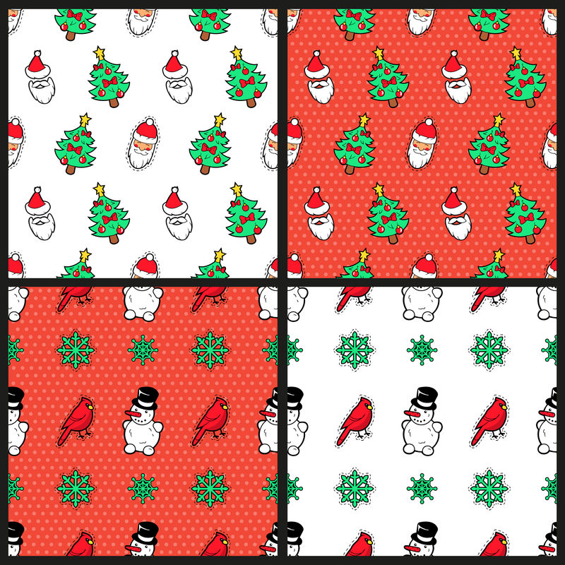 圣诞快乐，新年快乐，圣诞树，雪人鸟和圣诞老人的无缝图案。寒假包装纸。矢量背景