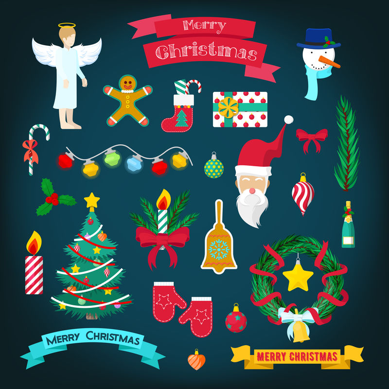 圣诞快乐，新年快乐派对装饰元素，圣诞老人，圣诞树和礼物。矢量图解