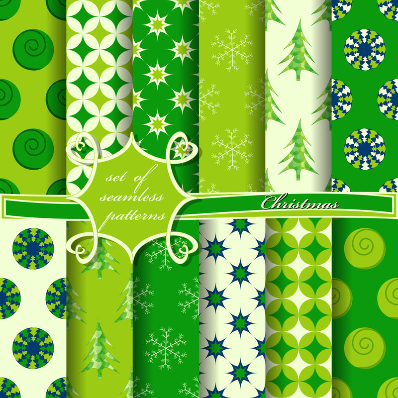 一套无缝圣诞节插图-带有圣诞符号和圣诞设计元素的抽象矢量纸