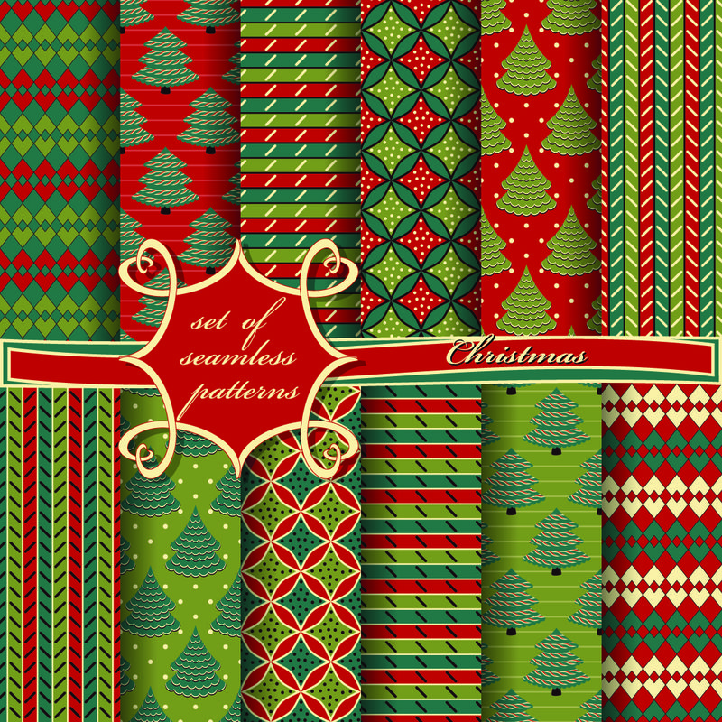 一套无缝圣诞节插图。抽象矢量纸W