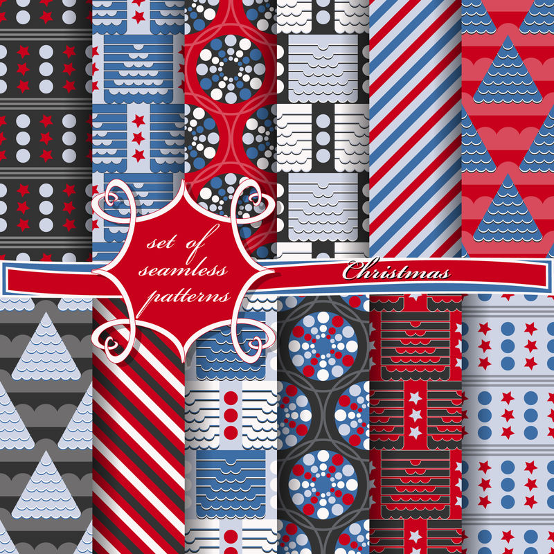 一套无缝圣诞节插图-带有圣诞符号和圣诞设计元素的抽象矢量纸