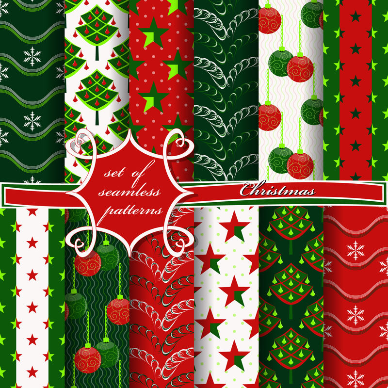 一套无缝圣诞节插图-带有圣诞符号和圣诞设计元素的抽象矢量纸
