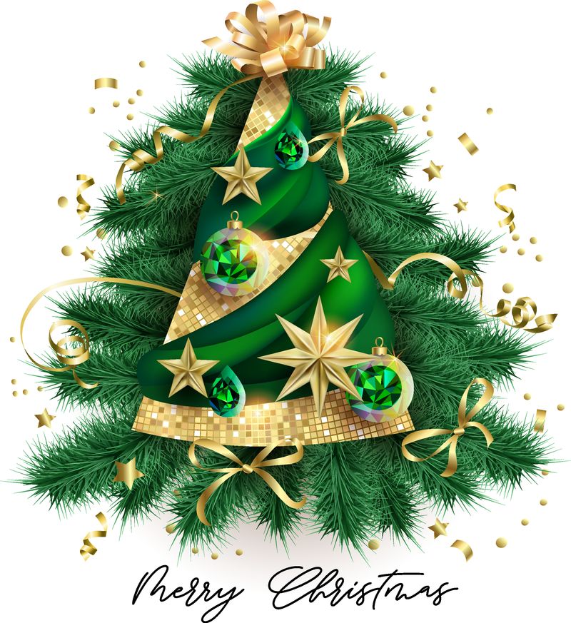 抽象圣诞树-绿色球-金色星星-3D效果