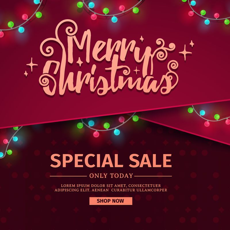 用于设计新年宣传横幅的模板-圣诞横幅出售-装饰有红丝带和夜光花环-矢量