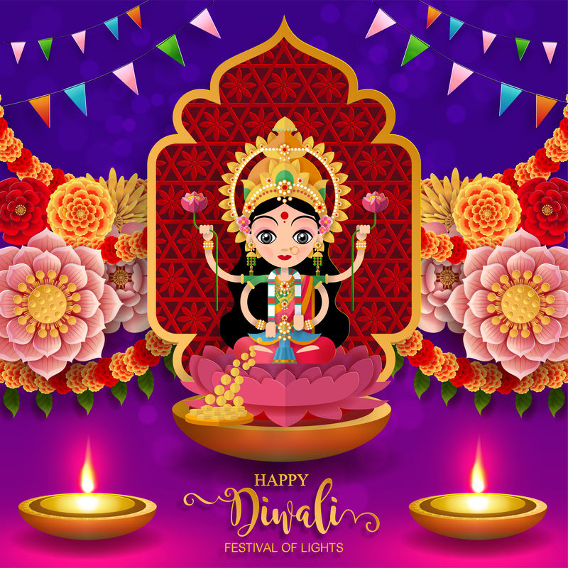 快乐的排灯节卡片-金色的排灯节图案和纸上的水晶色背景