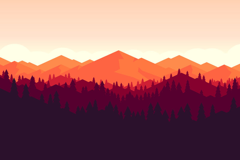 日落时的矢量山和森林景观。