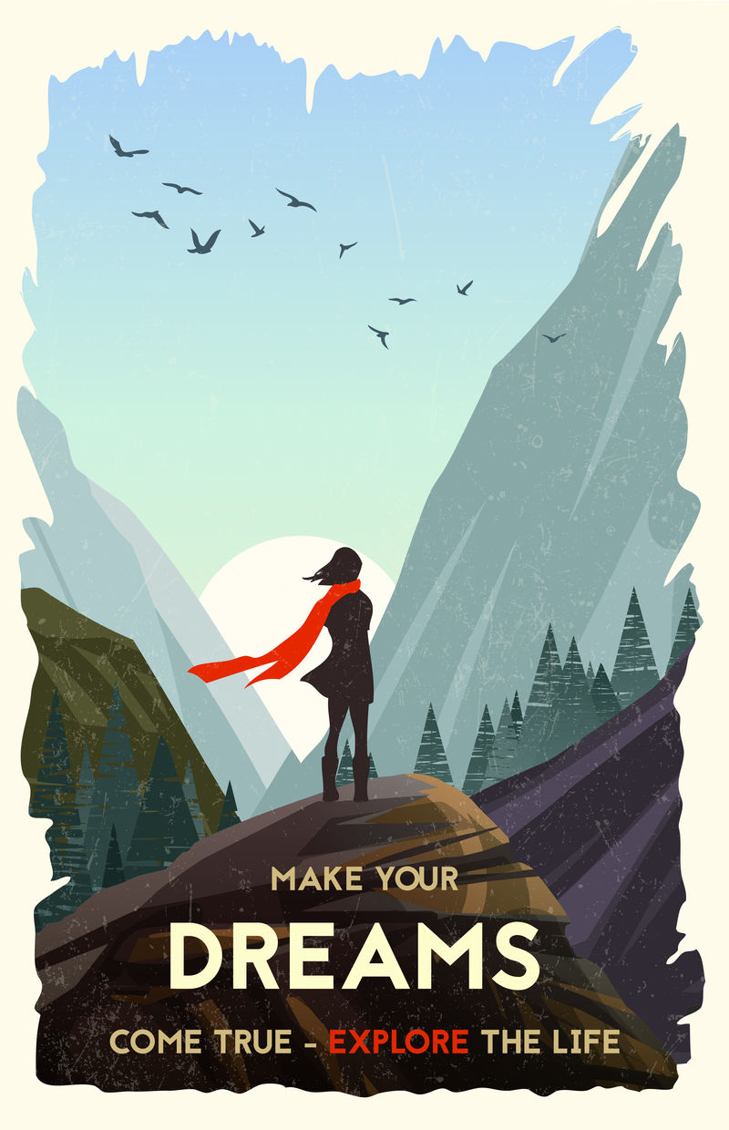 鼓舞人心的海报。独自站在岩石上看山上的日落的女孩