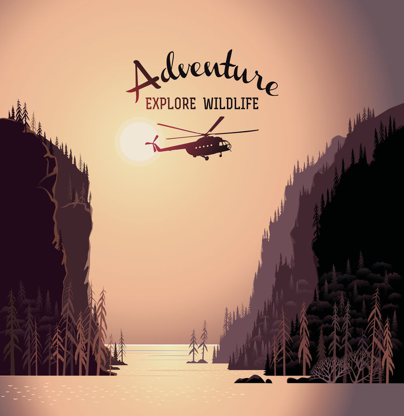 山地景观从湖泊和设计元素与剪影直升机