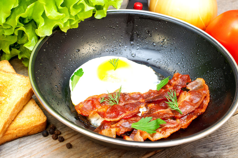煎锅里的熏肉和鸡蛋