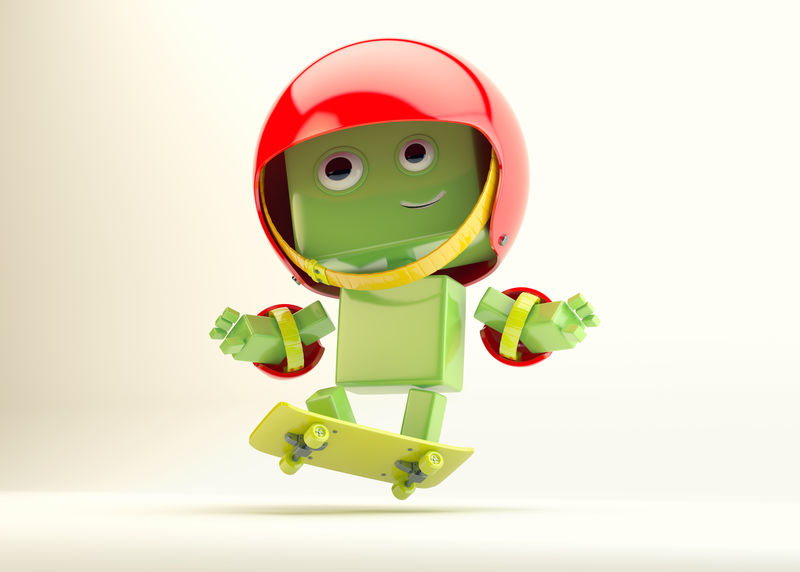 穿防护服的超级机器人滑板运动员/微笑的机器人会假装在滑板上