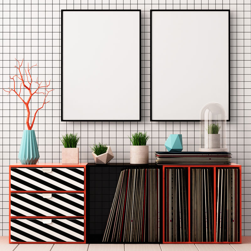 孟菲斯风格的室内海报。3D插图。三维渲染