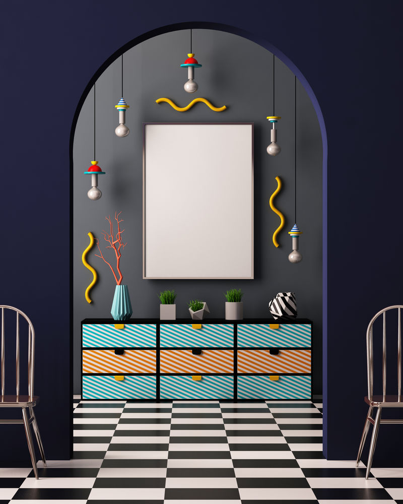 孟菲斯风格的室内海报。3D插图。三维渲染