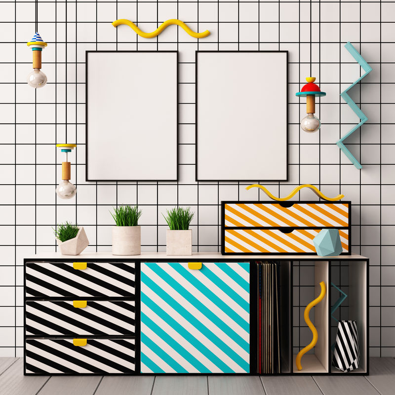 孟菲斯风格的室内海报。3D插图。三维渲染