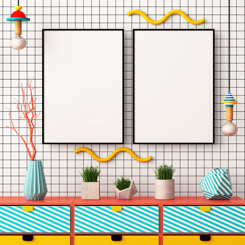 孟菲斯风格的室内海报。3D插图。三维渲染