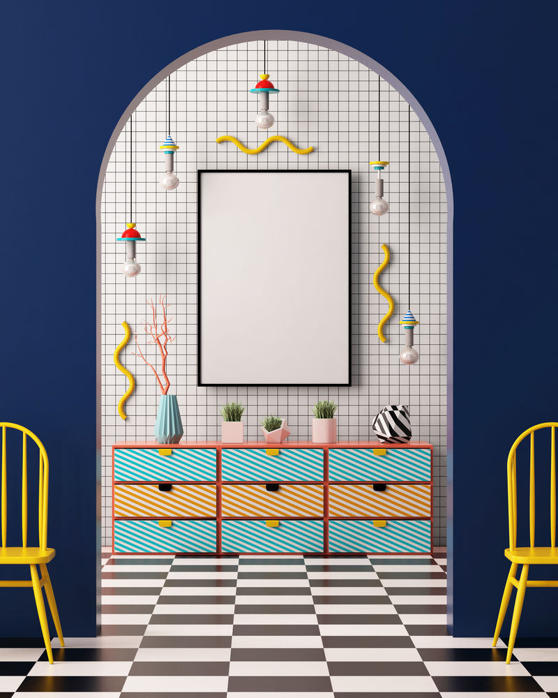 孟菲斯风格的室内海报。3D插图。三维渲染