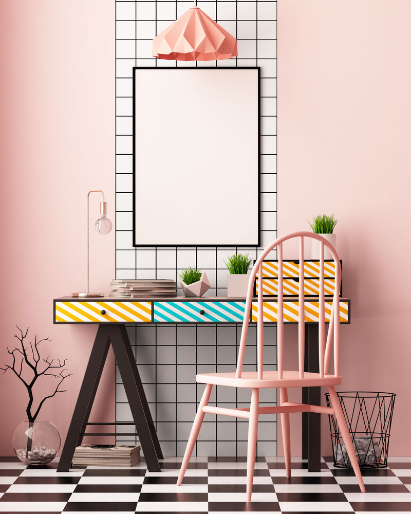 孟菲斯风格的室内海报。3D插图。三维渲染