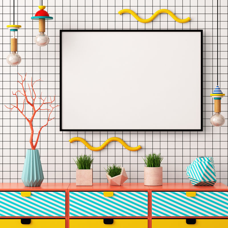 孟菲斯风格的室内海报。3D插图。三维渲染