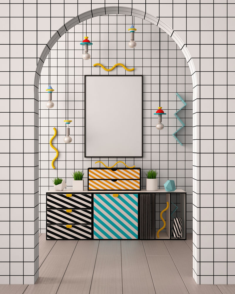 孟菲斯风格的室内海报。3D插图。三维渲染